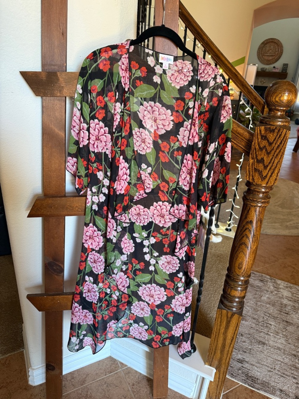 LuLaRoe Black Floral Swim Coverup with Pink and Green Flowers
